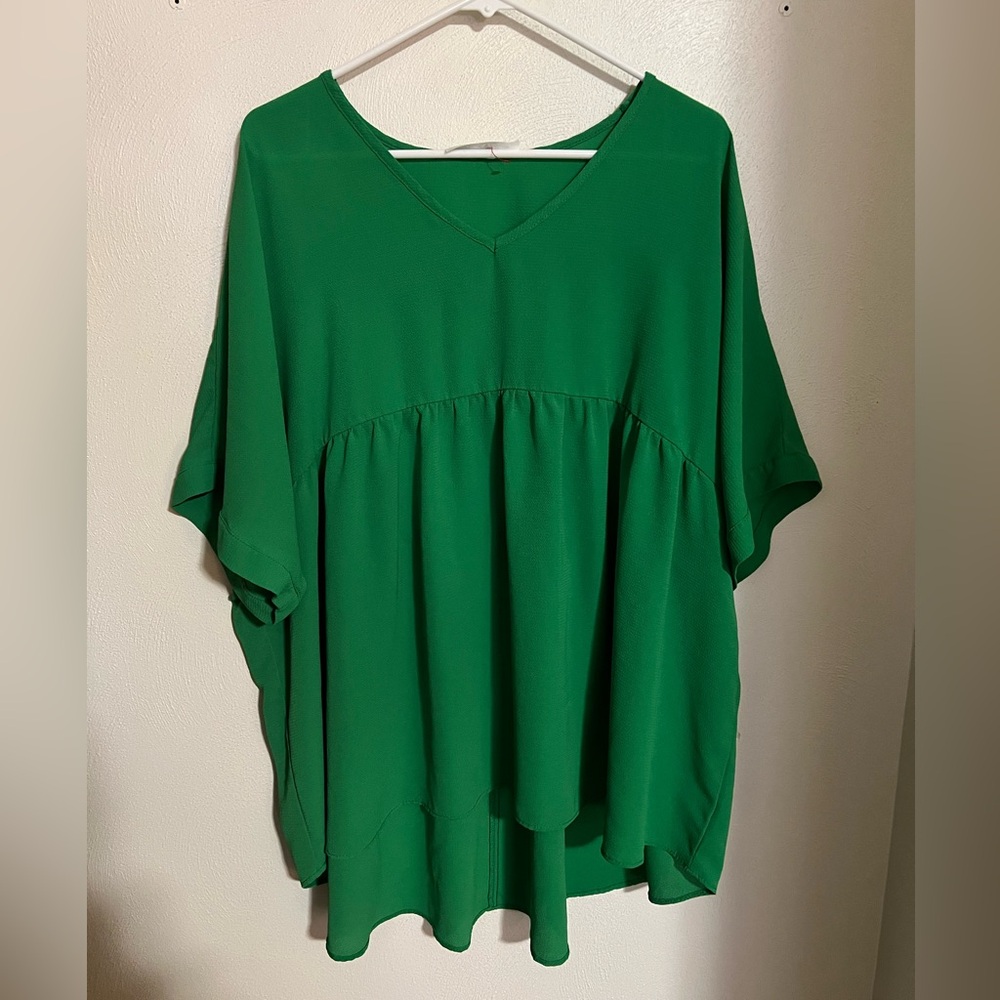 PERFECTLY PRISCILLA Classic V Neck Babydoll Flowy Blouse Green Women's Size 3XL